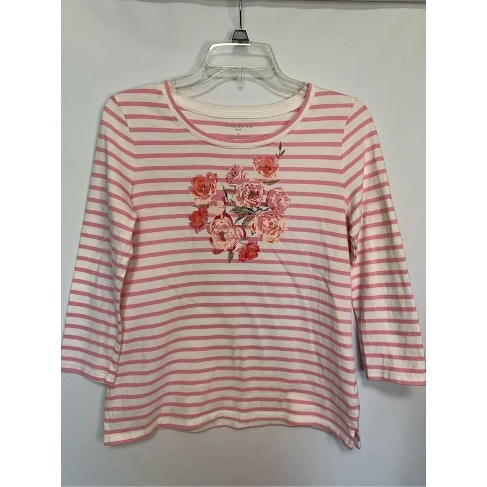 Talbots Women's Floral Stripe Crew Neck 3/4 Sleeve Top Pink White Petite Size SP
